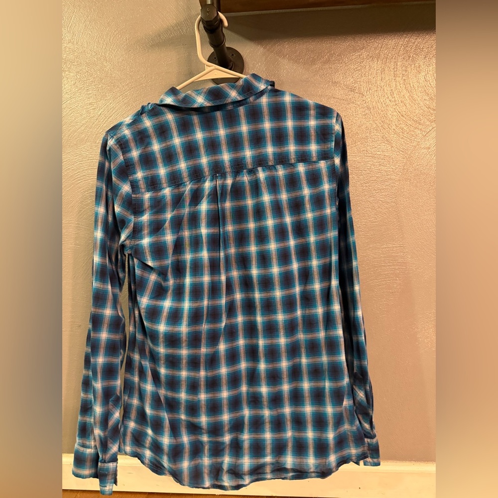 Express Blue Checkered Ruffle Button Down Shirt - Picture 2 of 3